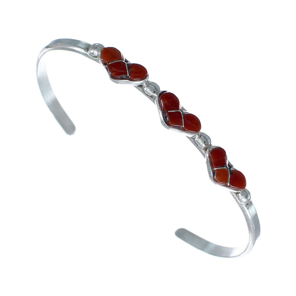 Sterling Silver Coral Zuni Heart Inlay Baby Cuff Bracelet JX130697